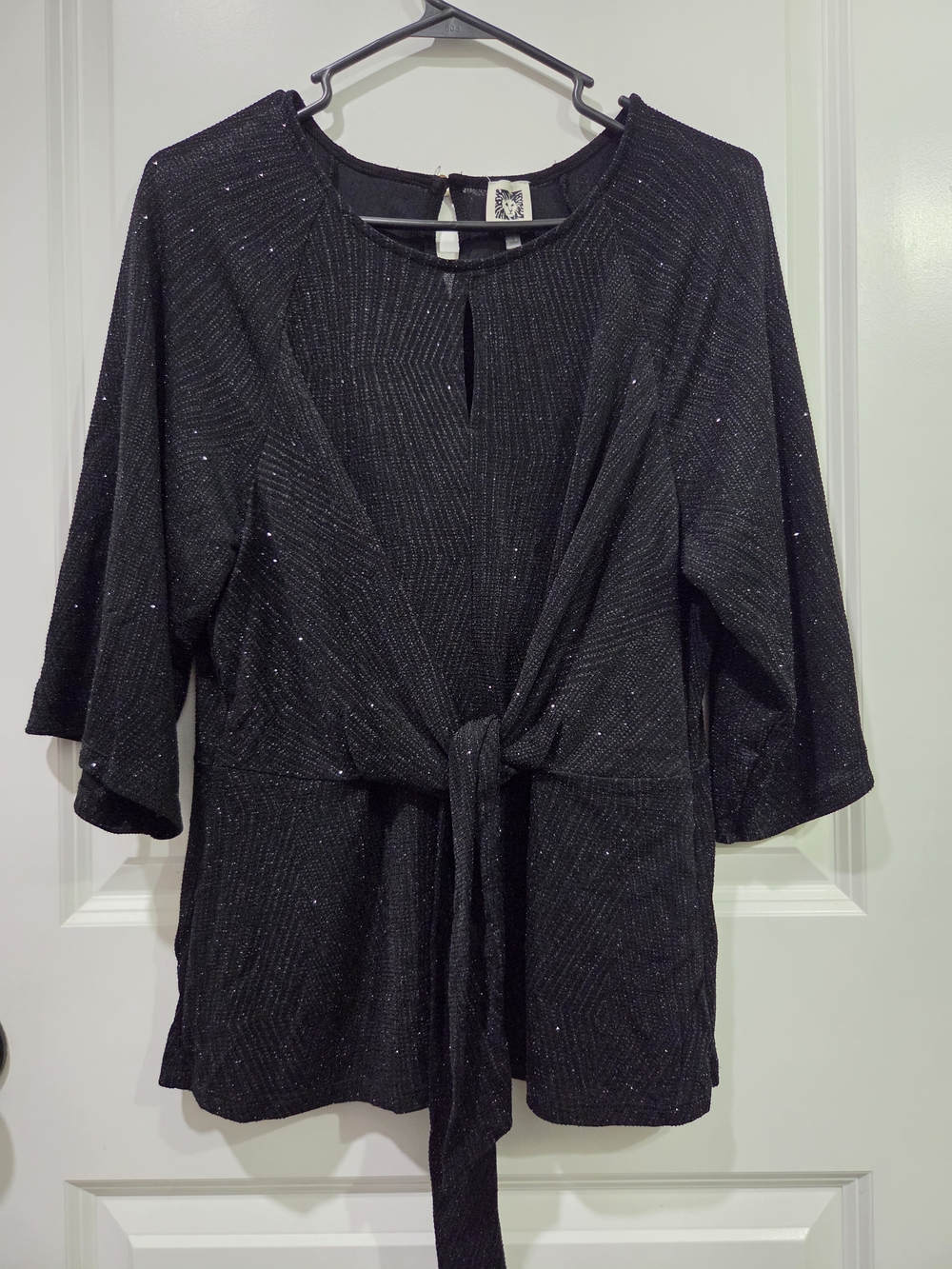 Anne Klein Black Sparkle Tie-Front Blouse